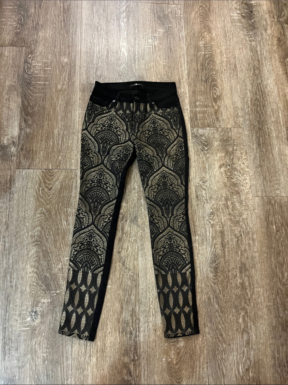 7 For All Mankind Black Jeans with Gold Embossed Lace-Style Pattern